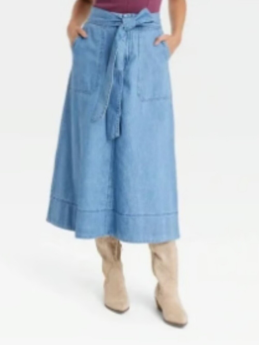 Universal Thread Denim Midi Skirt 70s Retro Vibes Tie Front Slash Pockets Size 4